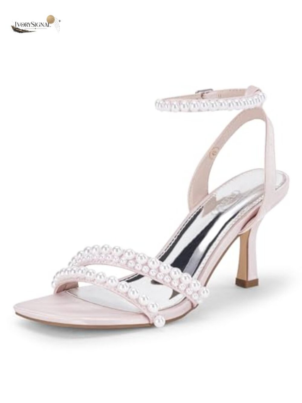 Coutgo Pearl Kitten Heel Satin Sandals Square Toe Ankle Strap Wedding Heels